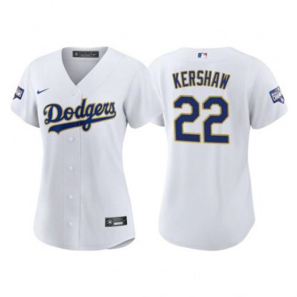Los Angeles Los Angeles Dodgers #22 Clayton Kershaw Women's Nike 2021 Gold Program World Series Champions MLB Jersey Whtie