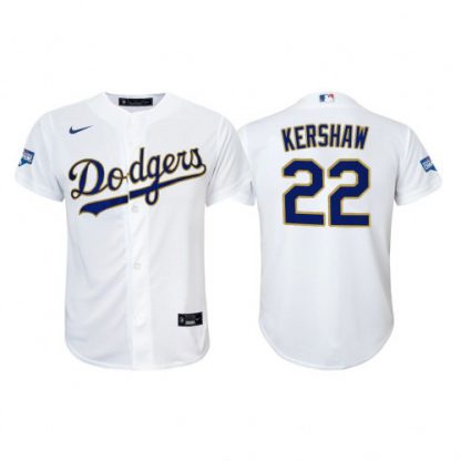 Los Angeles Los Angeles Dodgers #22 Clayton Kershaw Youth Nike 2021 Gold Program World Series Champions MLB Jersey Whtie