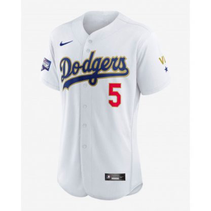 Los Angle Los Angeles Dodgers #5 Corey Seager Men's White 2020 World Series Champions Gold  Authentic Baseball Jersey