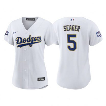 Los Angeles Los Angeles Dodgers #5 Corey Seager Women's Nike 2021 Gold Program World Series Champions MLB Jersey Whtie