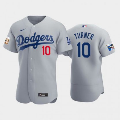 Los Angeles Los Angeles Dodgers #10 Justin Turner Men's Nike Jackie Robinson 75th Anniversary Authentic MLB Jersey - Gray
