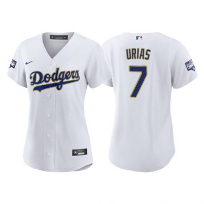 Los Angeles Los Angeles Dodgers #7 Julio Urias Women's Nike 2021 Gold Program World Series Champions MLB Jersey Whtie