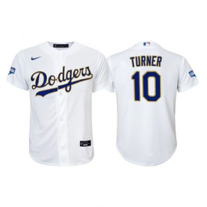 Los Angeles Los Angeles Dodgers #10 Justin Turner Youth Nike 2021 Gold Program World Series Champions MLB Jersey Whtie