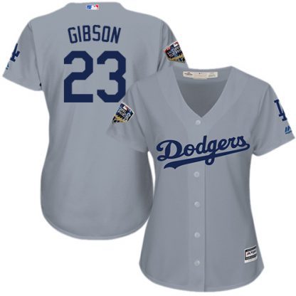 Los Angeles Dodgers #23 Kirk Gibson Grey Alternate Road 2018 World Series Women's Stitched MLB Jersey