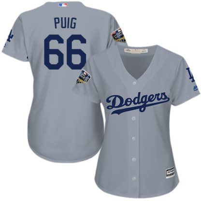 Los Angeles Dodgers #66 Yasiel Puig Grey Alternate Road 2018 World Series Women's Stitched MLB Jersey
