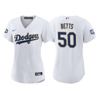 Los Angeles Los Angeles Dodgers #50 Mookie Betts Women's Nike 2021 Gold Program World Series Champions MLB Jersey Whtie