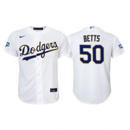Los Angeles Los Angeles Dodgers #50 Mookie Betts Youth Nike 2021 Gold Program World Series Champions MLB Jersey Whtie