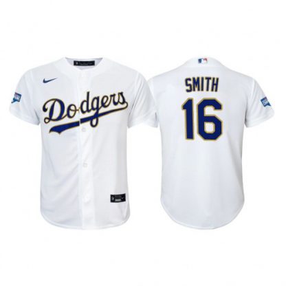 Los Angeles Los Angeles Dodgers #16 Will Smith Youth Nike 2021 Gold Program World Series Champions MLB Jersey Whtie