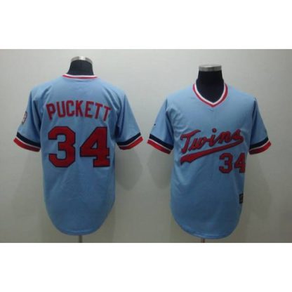 Mitchelland Ness Minnesota Twins #34 Kirby Puckett Stitched Light Blue Throwback MLB Jersey