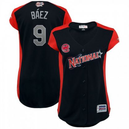National League #9 Javier Baez Majestic Women's 2019 MLB All-Star Game Workout Player Jersey Navy