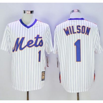 Mitchell and Ness New York Mets #1 Mookie Wilson Stitched White Blue Strip Throwback MLB Jersey