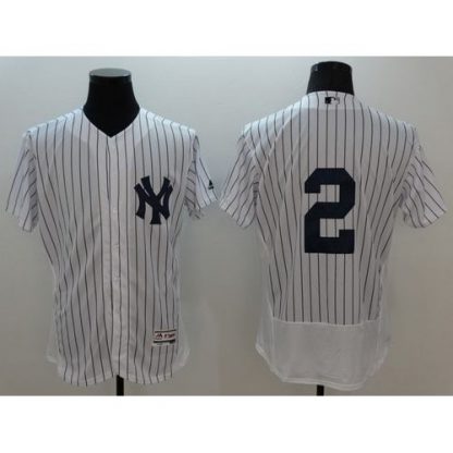 New York Yankees #2 Derek Jeter White Strip Flexbase Authentic Collection Stitched MLB Jersey
