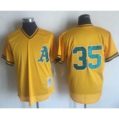 Mitchell And Ness 1984 Oakland Athletics #35 Rickey Henderson Yellow Throwback Stitched MLB Jersey
