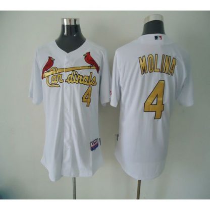 St.Louis Cardinals #4 Yadier Molina White(Gold No.) Cool Base Stitched MLB Jersey