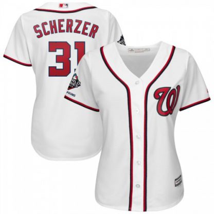 Washington Washington Nationals #31 Max Scherzer Majestic Women's 2019 World Series Champions Home Official Cool Base Bar Patch Player Jersey White