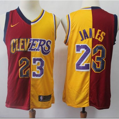 Nike Los Angeles Lakers #23 LeBron James Red/Gold NBA Swingman Split Cleveland Cavaliers Jersey