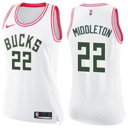 Nike Milwaukee Bucks #22 Khris Middleton White/Pink Women's NBA Swingman Fashion Jersey