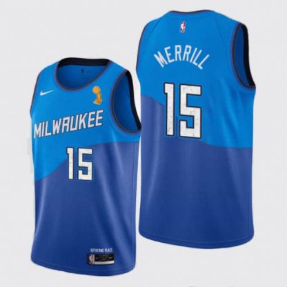 Nike Milwaukee Bucks #15 Sam Merrill Women's 2021 NBA Finals Champions City Edition Jersey Blue