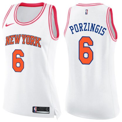 Nike New York Knicks #6 Kristaps Porzingis White/Pink Women's NBA Swingman Fashion Jersey