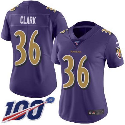 Nike Baltimore Ravens #36 Chuck Clark Purple Women's Stitched NFL Limited Rush 100th Season Jersey