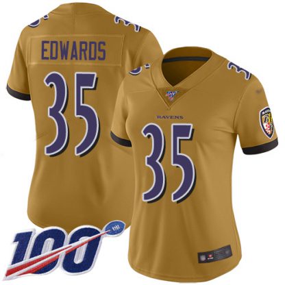 Nike Baltimore Ravens #35 Gus Edwards Gold Women's Stitched NFL Limited Inverted Legend 100th Season Jersey