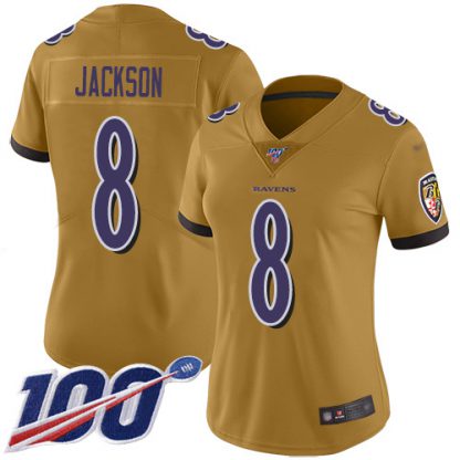 Nike Baltimore Ravens #8 Lamar Jackson Gold Women's Stitched NFL Limited Inverted Legend 100th Season Jersey