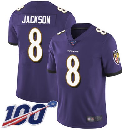 Nike Baltimore Ravens #8 Lamar Jackson Purple Team Color Youth Stitched NFL 100th Season Vapor Limited Jersey