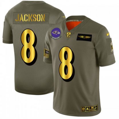 Baltimore Baltimore Ravens #8 Lamar Jackson NFL Men's Nike Olive Gold 2019 Salute to Service Limited Jersey