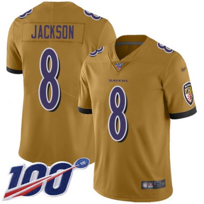 Nike Baltimore Ravens #8 Lamar Jackson Gold Men's Stitched NFL Limited Inverted Legend 100th Season Jersey