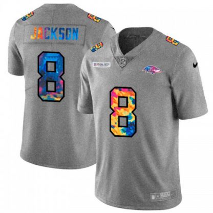 Baltimore Baltimore Ravens #8 Lamar Jackson Men's Nike Multi-Color 2020 NFL Crucial Catch NFL Jersey Greyheather