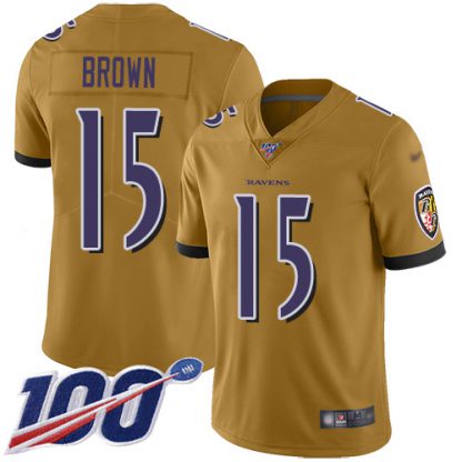 Nike Baltimore Ravens #15 Marquise Brown Gold Men's Stitched NFL Limited Inverted Legend 100th Season Jersey
