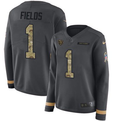 Nike Chicago Bears #1 Justin Fields Anthracite Salute to Service Women's Stitched NFL Limited Therma Long Sleeve Jersey