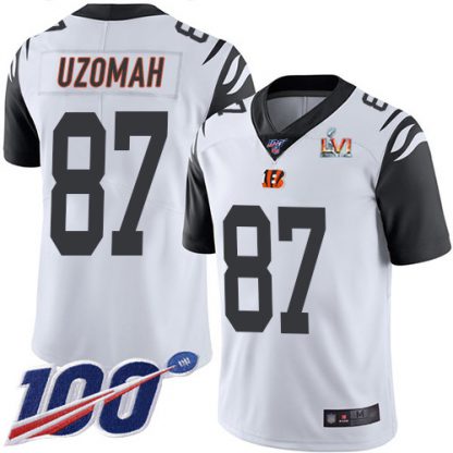 Nike Cincinnati Bengals #87 C.J. Uzomah White Super Bowl LVI Patch Youth Stitched NFL Limited Rush 100th Season Jersey