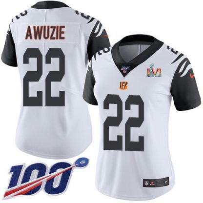 Nike Cincinnati Bengals #22 Chidobe Awuzie White Super Bowl LVI Patch Women's Stitched NFL Limited Rush 100th Season Jersey