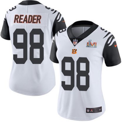 Nike Cincinnati Bengals #98 D.J. Reader White Super Bowl LVI Patch Women's Stitched NFL Limited Rush Jersey