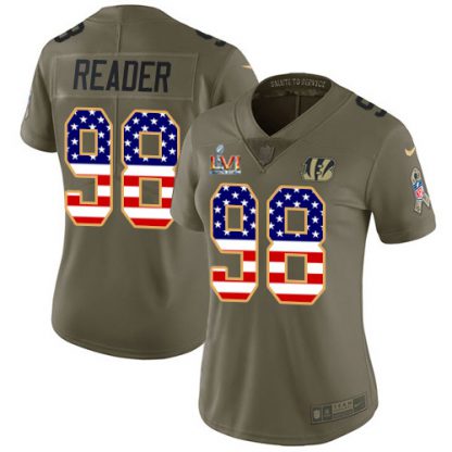 Nike Cincinnati Bengals #98 D.J. Reader Olive/USA Super Bowl LVI Patch Flag Women's Stitched NFL Limited 2017 Salute To Service Jersey