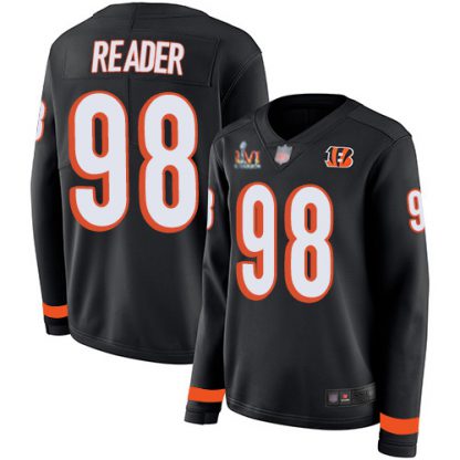 Nike Cincinnati Bengals #98 D.J. Reader Black Team Color Super Bowl LVI Patch Women's Stitched NFL Limited Therma Long Sleeve Jersey