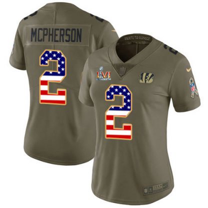 Nike Cincinnati Bengals #2 Evan McPherson Olive/USA Super Bowl LVI Patch Flag Women's Stitched NFL Limited 2017 Salute To Service Jersey