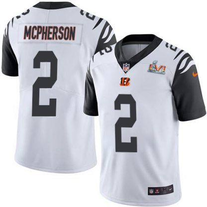 Nike Cincinnati Bengals #2 Evan McPherson White Super Bowl LVI Patch Men's Stitched NFL Limited Rush Jersey