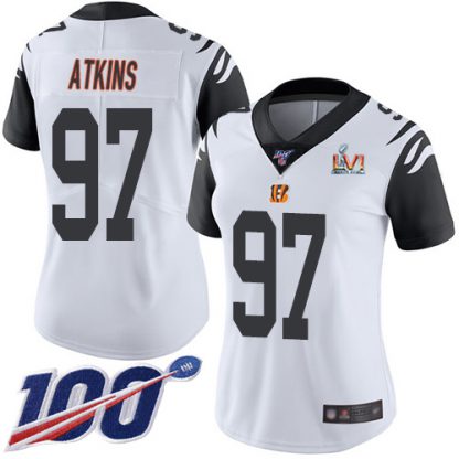 Nike Cincinnati Bengals #97 Geno Atkins White Super Bowl LVI Patch Women's Stitched NFL Limited Rush 100th Season Jersey