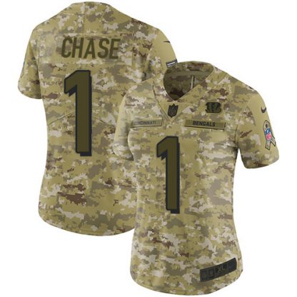 Nike Cincinnati Bengals #1 Ja'Marr Chase Camo Women's Stitched NFL Limited 2018 Salute To Service Jersey