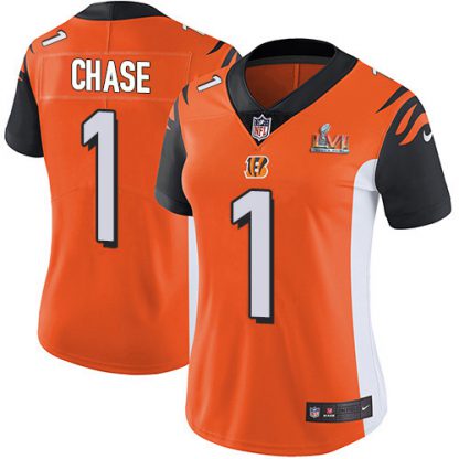 Nike Cincinnati Bengals #1 Ja'Marr Chase Orange Alternate Super Bowl LVI Patch Women's Stitched NFL Vapor Untouchable Limited Jersey