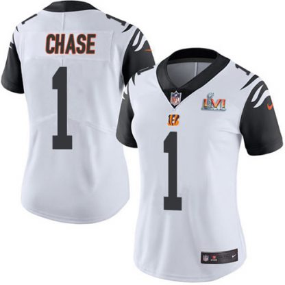 Nike Cincinnati Bengals #1 Ja'Marr Chase White Super Bowl LVI Patch Women's Stitched NFL Limited Rush Jersey