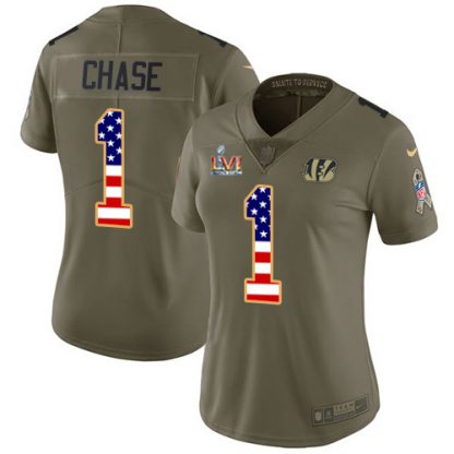 Nike Cincinnati Bengals #1 Ja'Marr Chase Olive/USA Super Bowl LVI Patch Flag Women's Stitched NFL Limited 2017 Salute To Service Jersey