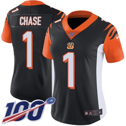 Nike Cincinnati Bengals #1 Ja'Marr Chase Black Team Color Women's Stitched NFL 100th Season Vapor Untouchable Limited Jersey