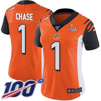 Nike Cincinnati Bengals #1 Ja'Marr Chase Orange Super Bowl LVI Patch Alternate Women's Stitched NFL 100th Season Vapor Untouchable Limited Jersey