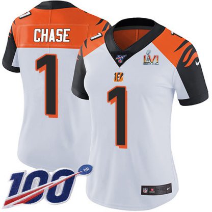 Nike Cincinnati Bengals #1 Ja'Marr Chase White Super Bowl LVI Patch Women's Stitched NFL 100th Season Vapor Untouchable Limited Jersey
