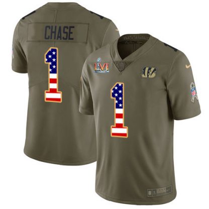 Nike Cincinnati Bengals #1 Ja'Marr Chase Olive/USA Super Bowl LVI Patch Flag Youth Stitched NFL Limited 2017 Salute To Service Jersey