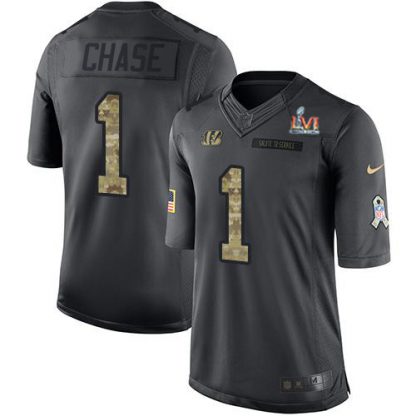 Nike Cincinnati Bengals #1 Ja'Marr Chase Black Team Color Super Bowl LVI Patch Youth Stitched NFL Limited Therma Long Sleeve Jersey