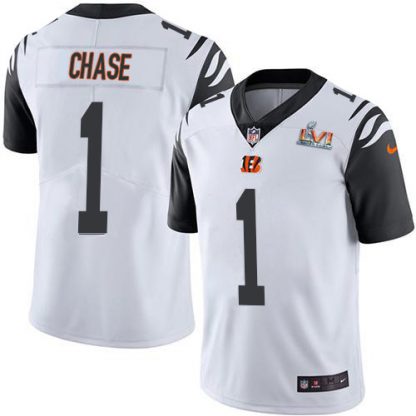 Nike Cincinnati Bengals #1 Ja'Marr Chase White Super Bowl LVI Patch Men's Stitched NFL Limited Rush Jersey